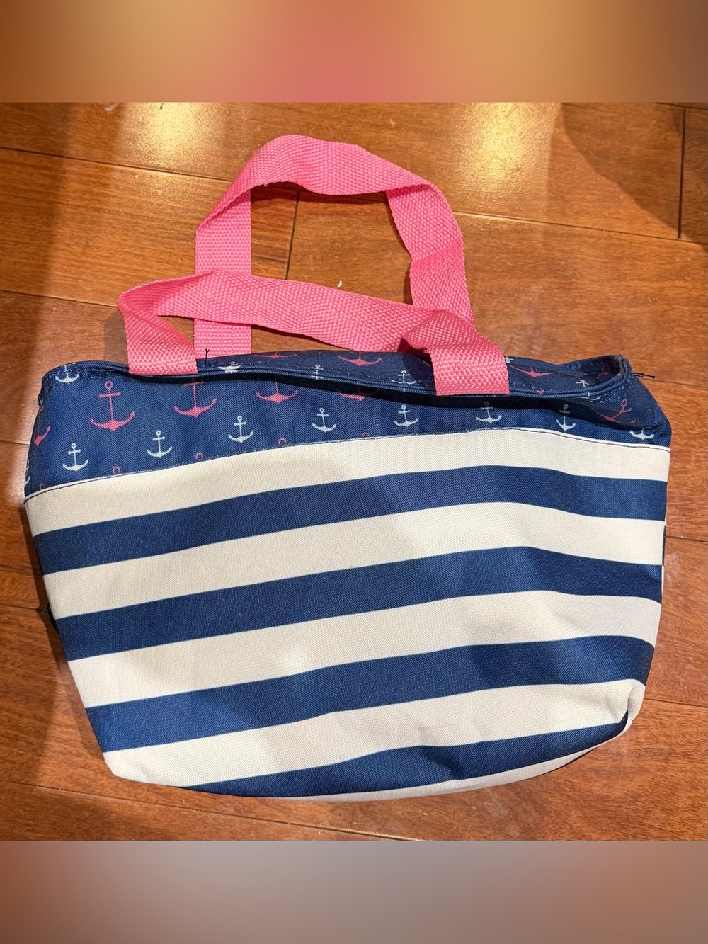 Nautical Stripe Tote with Pink Handles lunch bag